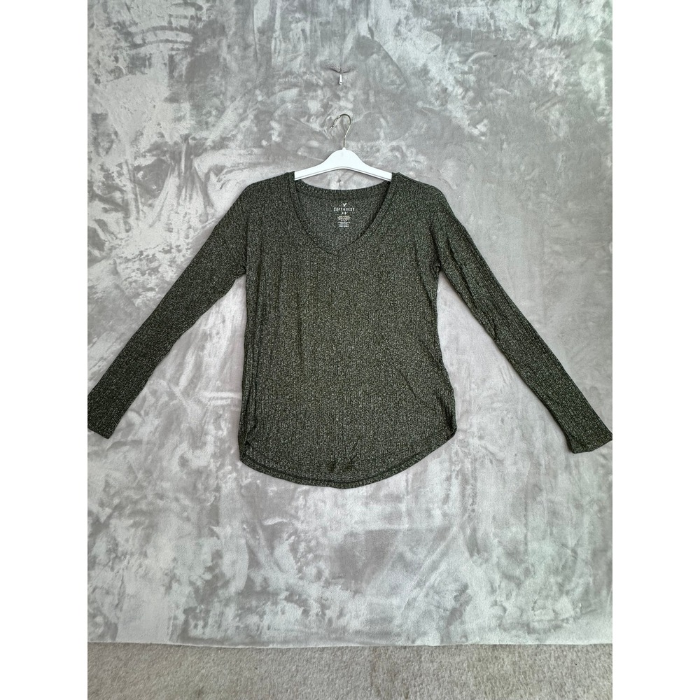 American Eagle Soft Sexy Ribbed Long Sleeve V Neck Tunic Top Green M